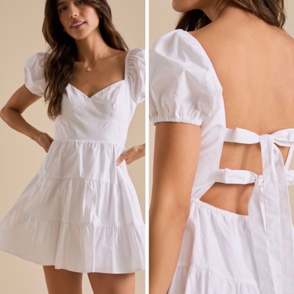 Altar'd State White Backless Dress with Puff Sleeves